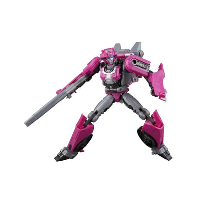 Magenta and grey Transformer Arcee robot action figure holding a blaster rifle