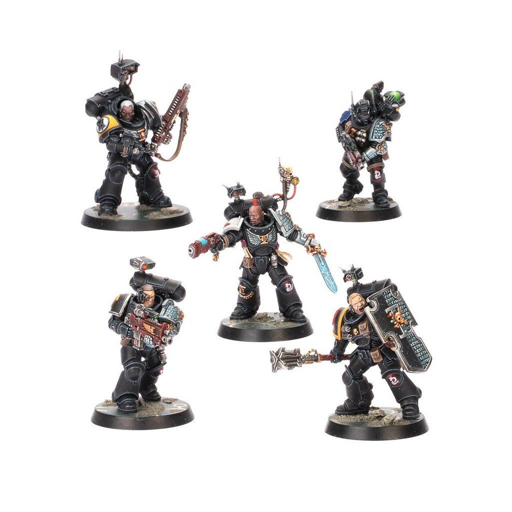 Five painted Warhammer 40K Deathwatch Space Marine models, black armor, weapons, and a shield