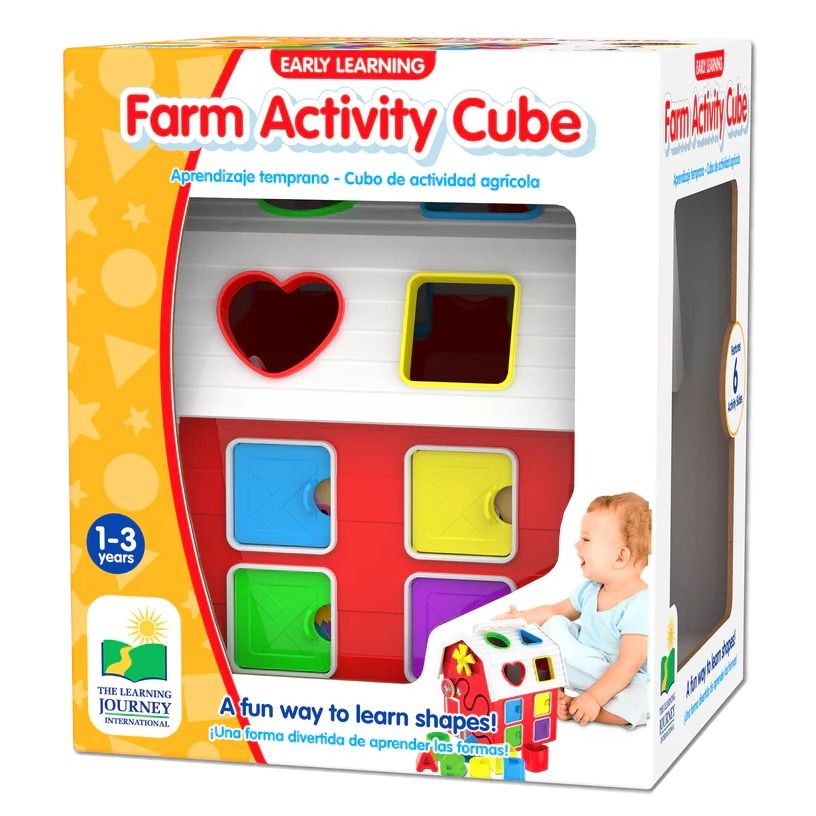 Farm Activity Cube early learning toy box, featuring shape sorter slots (heart, square) and colourful opening doors, marketed for ages 1-3