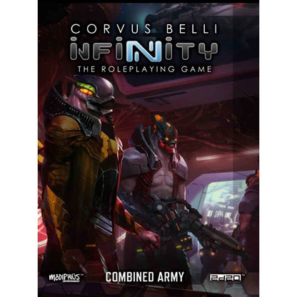 Infinity RPG cover: Two armored Combined Army aliens, one with a sci-fi rifle, in a futuristic interior