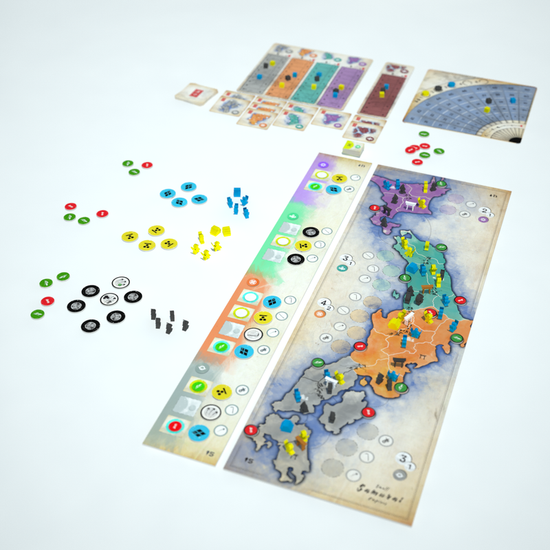 Overhead view of 'Small Samurai Empires: Rise of Tokugawa' board game set up, showing a map of Japan with colorful regions, meeples, and tokens