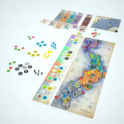 Overhead view of 'Small Samurai Empires: Rise of Tokugawa' board game set up, showing a map of Japan with colorful regions, meeples, and tokens