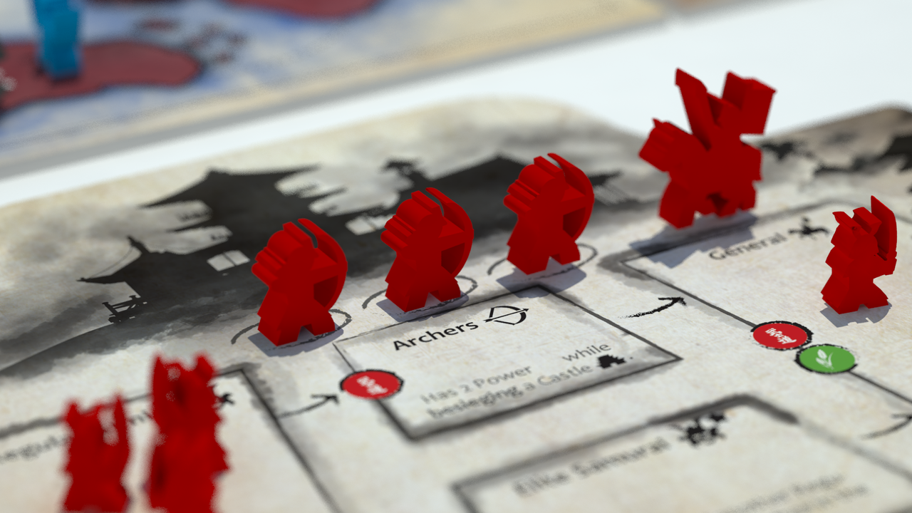Red game pieces, including archers and a general, on a board game map with a Japanese castle illustration and rule text