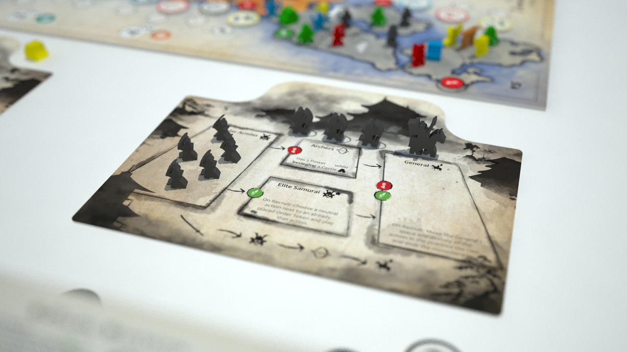 Player mat of a strategy board game with grey meeples for armies, archers, and a general. Map board is blurred in background