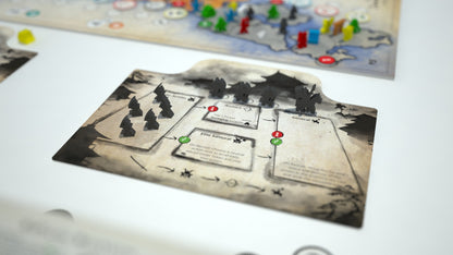 Player mat of a strategy board game with grey meeples for armies, archers, and a general. Map board is blurred in background
