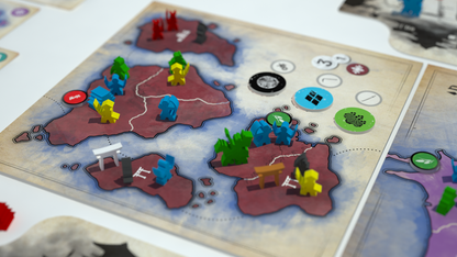 Strategic board game map with red territories, colorful blue, yellow, green player pieces, and tokens