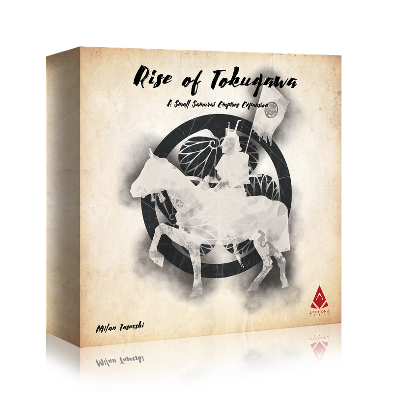 Cover of 'Small Samurai Empires: Rise of Tokugawa' expansion box, with a stylized samurai on horseback holding a flag