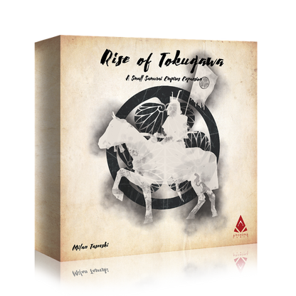 Cover of 'Small Samurai Empires: Rise of Tokugawa' expansion box, with a stylized samurai on horseback holding a flag