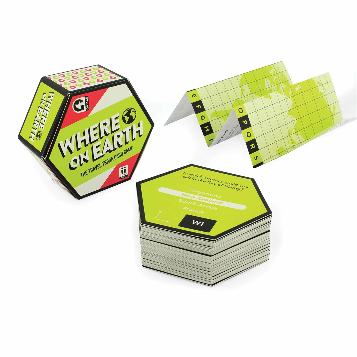 Where on Earth travel trivia card game box, hexagonal question cards, and foldable coordinate maps