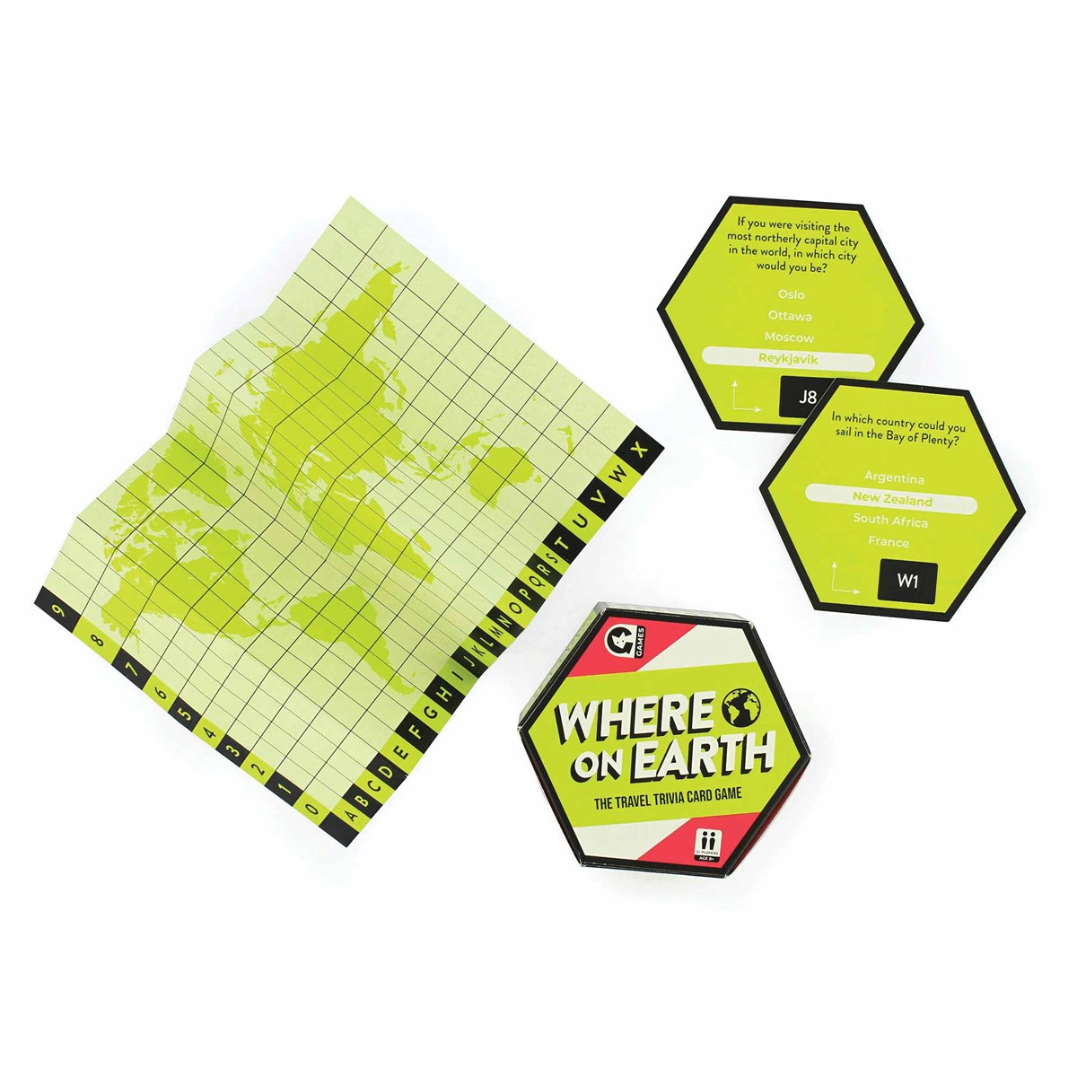 Components of the "Where On Earth" travel trivia game: a grid world map, question cards, and game box