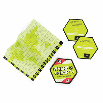 Components of the "Where On Earth" travel trivia game: a grid world map, question cards, and game box