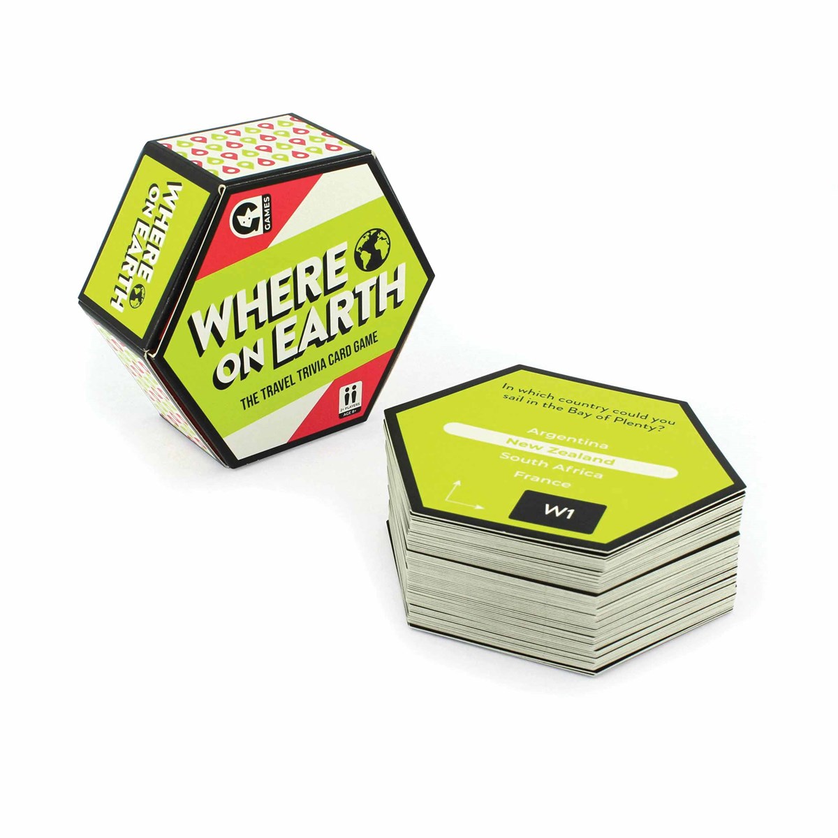 Hexagonal box and stack of cards for the "Where on Earth" travel trivia game