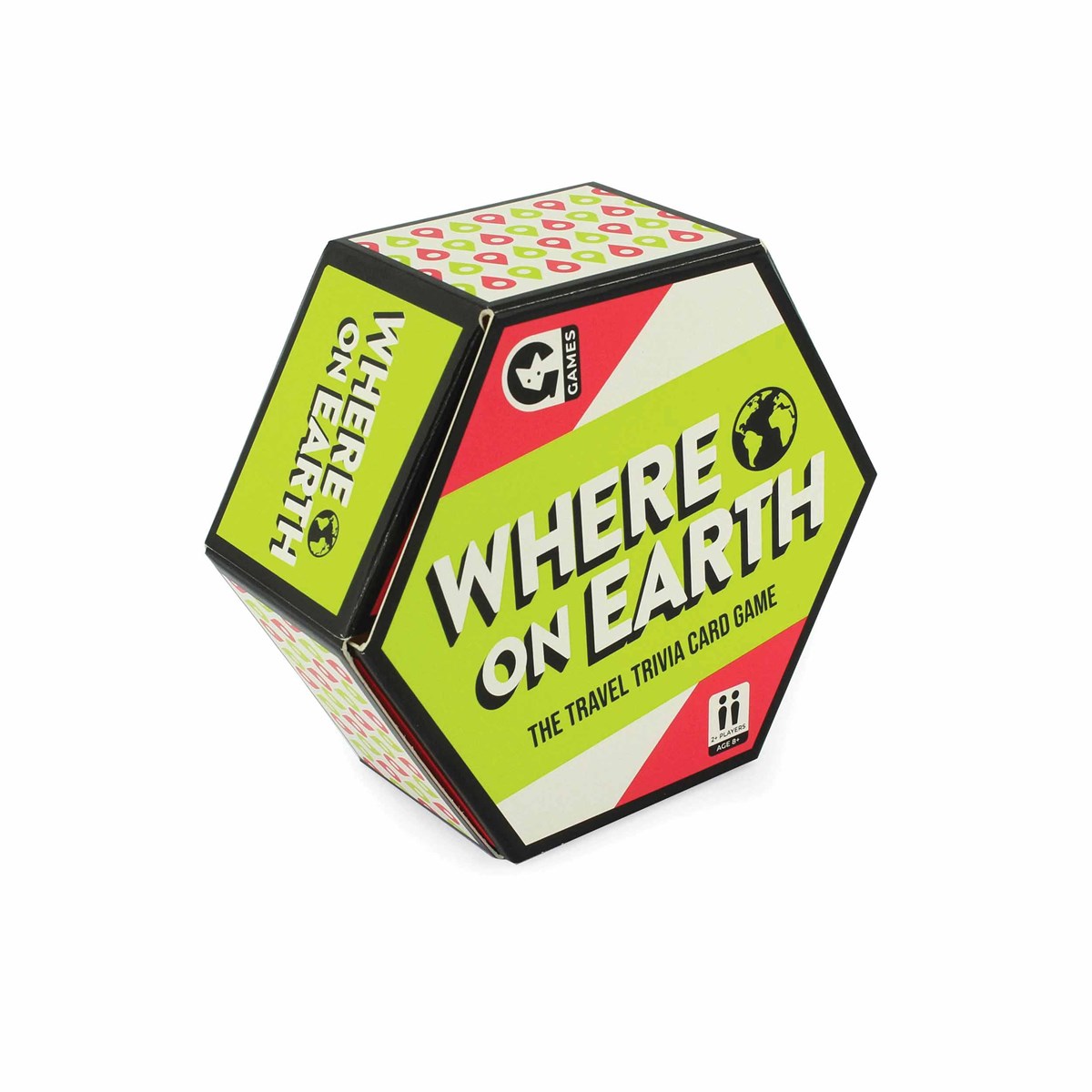 Hexagonal box for the "Where on Earth" travel trivia card game, predominantly green and red