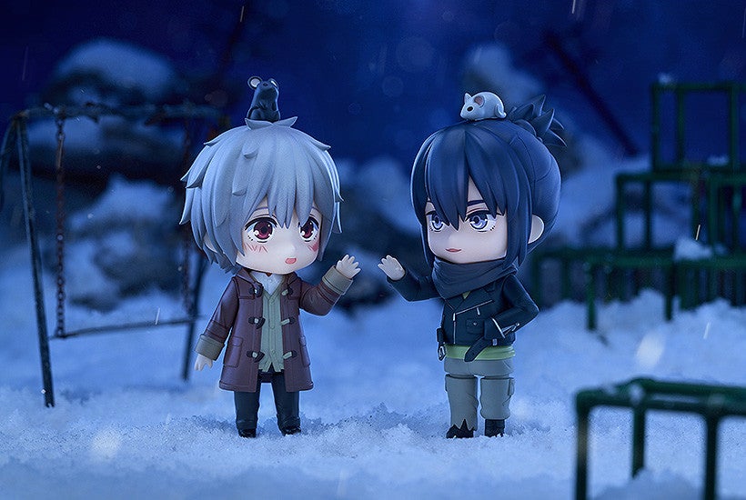 Two cute chibi figures stand in the snow with mice on their heads one with silver hair wearing a brown coat