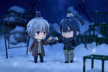 Two cute chibi figures stand in the snow with mice on their heads one with silver hair wearing a brown coat