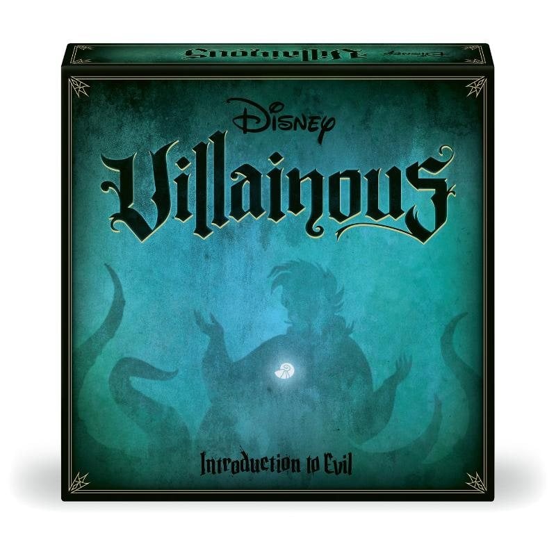 Disney Villainous: Introduction to Evil board game box with dark teal cover art and villain silhouette