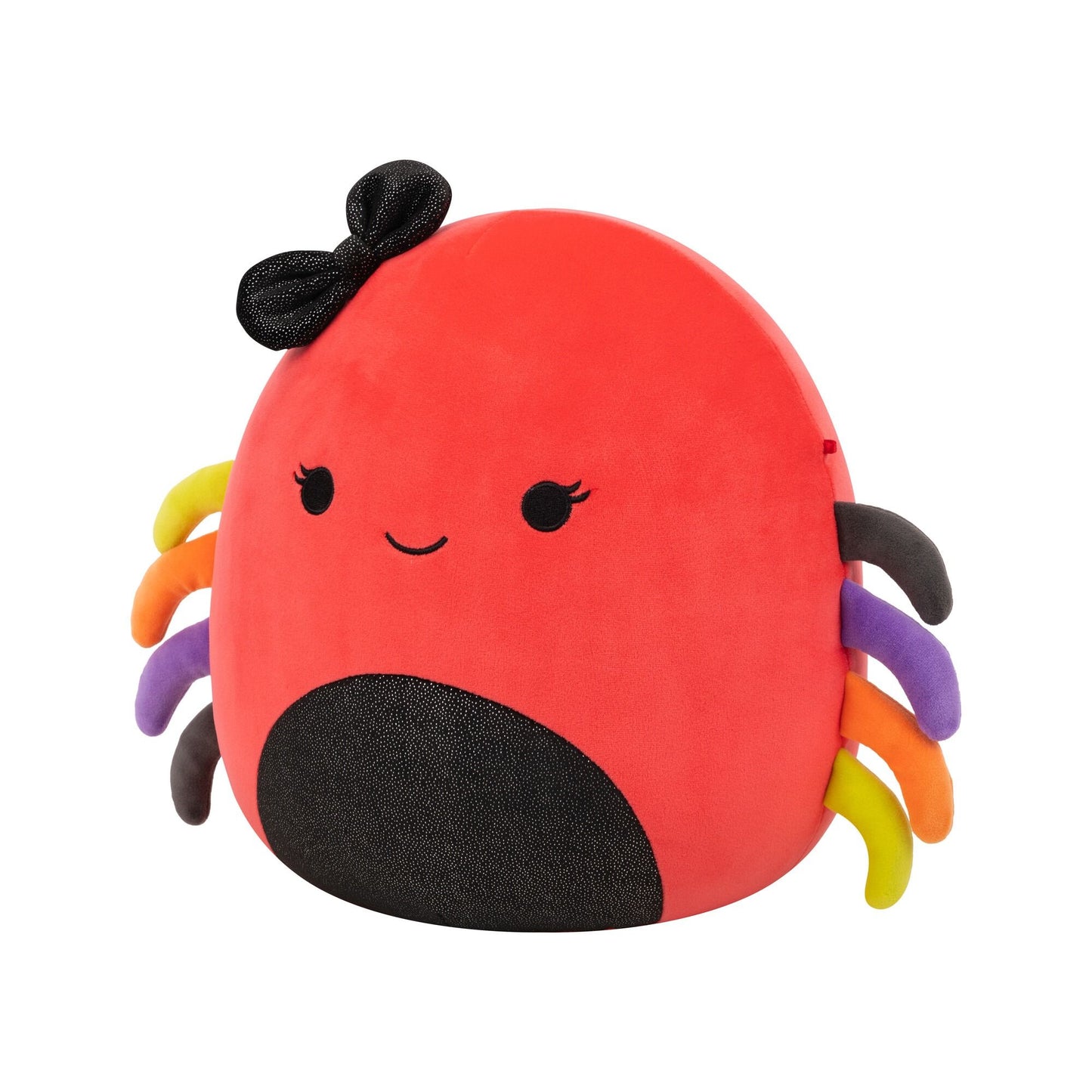 A red plush spider Squishmallow with a black glittery bow, embroidered winking eyes, a smile, a black belly spot, and colorful plush legs