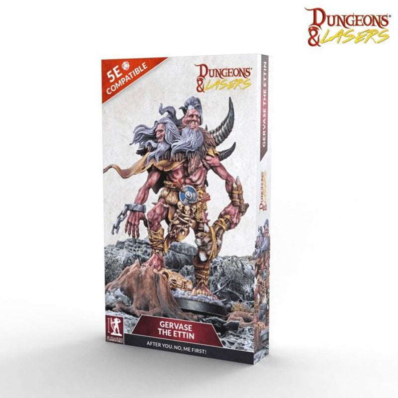Dungeons & Lasers Gervase the Ettin 5E compatible miniature box, featuring the two-headed giant fantasy monster model
