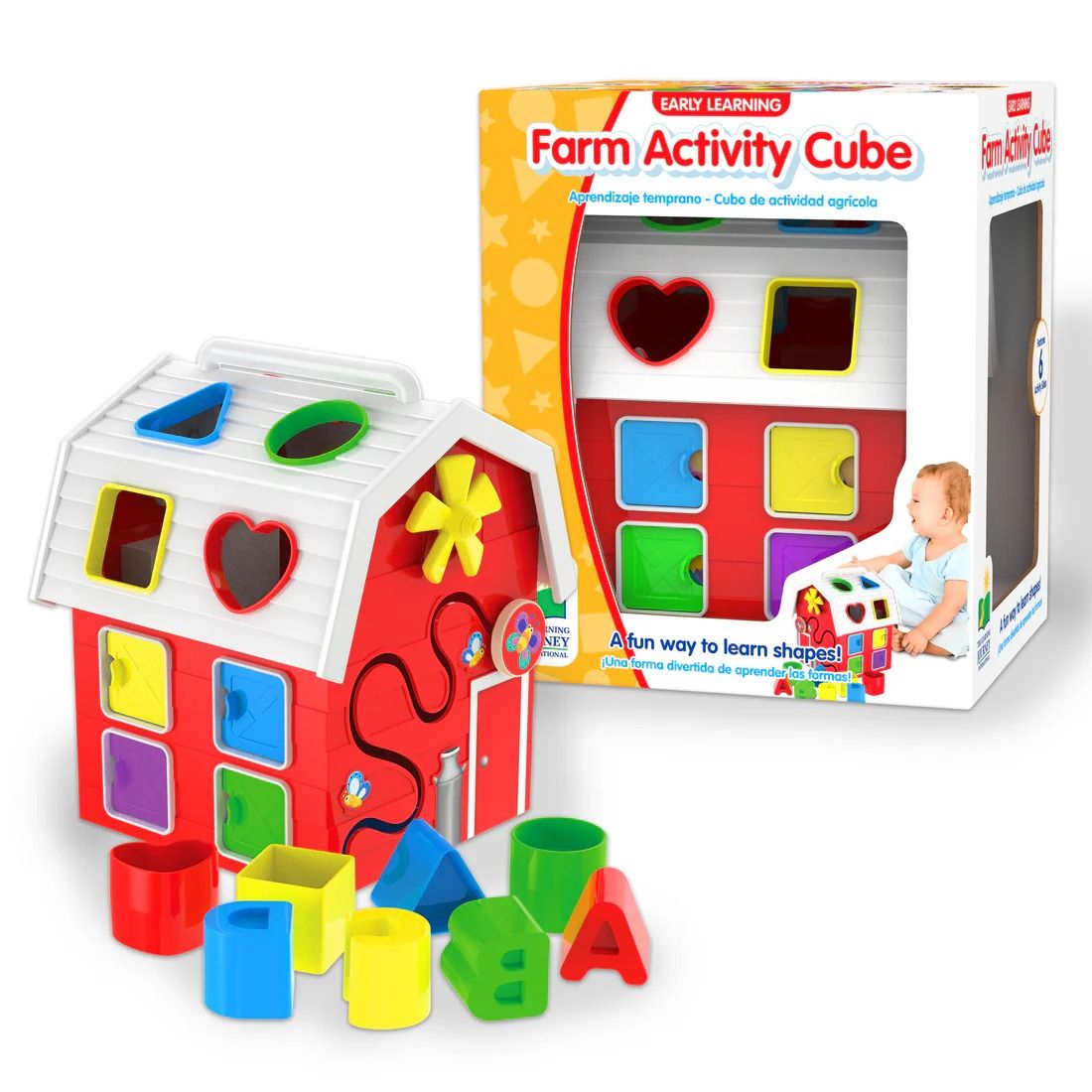 Red and white farm activity cube with shape sorting holes, colourful blocks, and an accompanying retail box