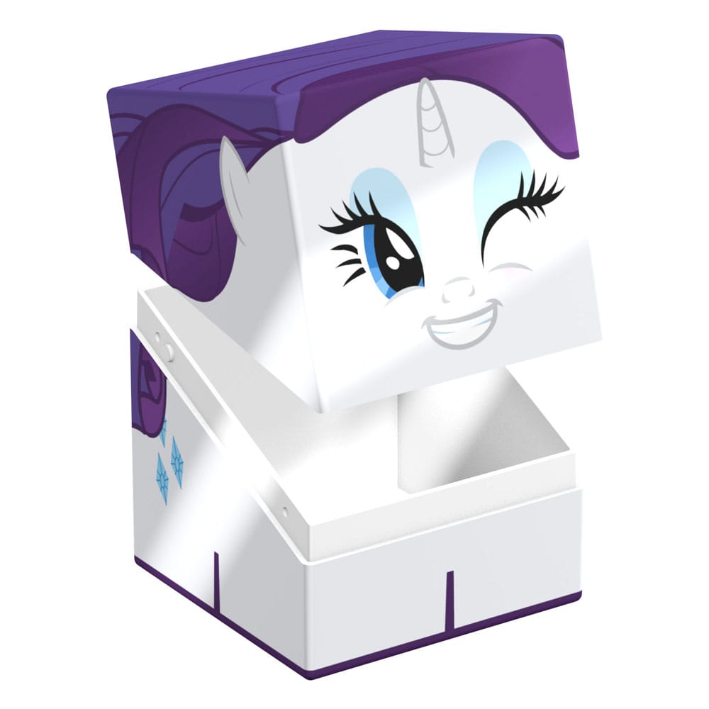 An Ultimate Guard Squaroe Rarity storage box, white with purple accents, featuring Rarity's winking face on its open lid and blue diamond cutie marks on the side, revealing an empty interior