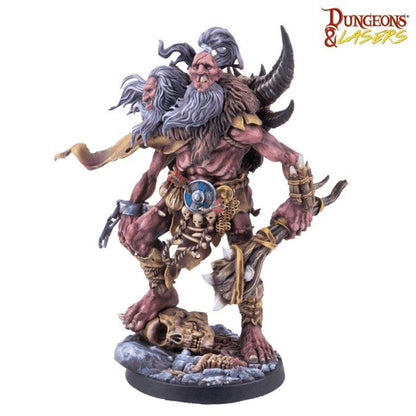 Painted tabletop miniature of a brutish, two-headed giant (Ettin) barbarian, adorned with bones and fur, holding a massive club