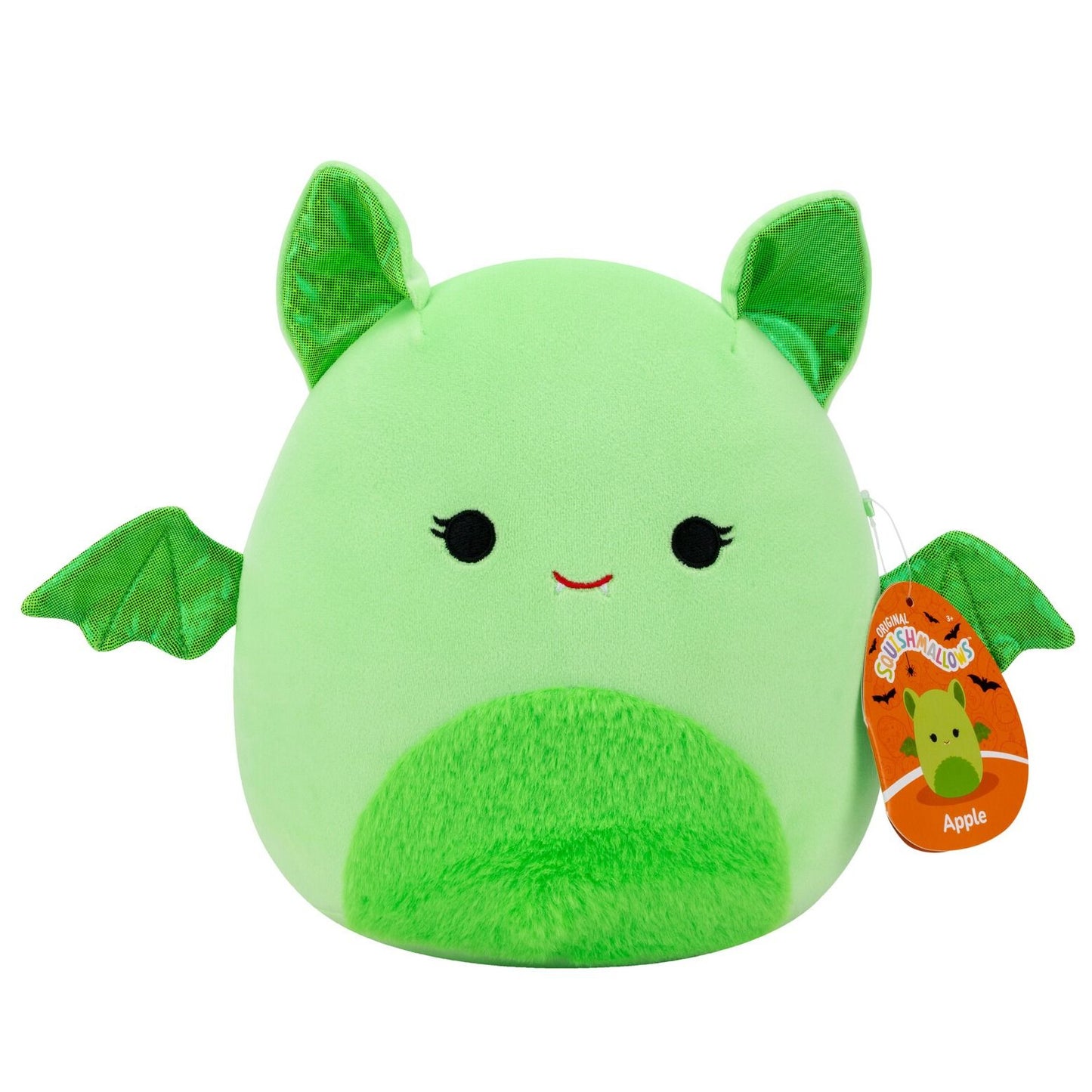 A light green plush bat with black eyes a small red smile shiny green ears small wings a dark green fuzzy belly and a tag showing its name Apple