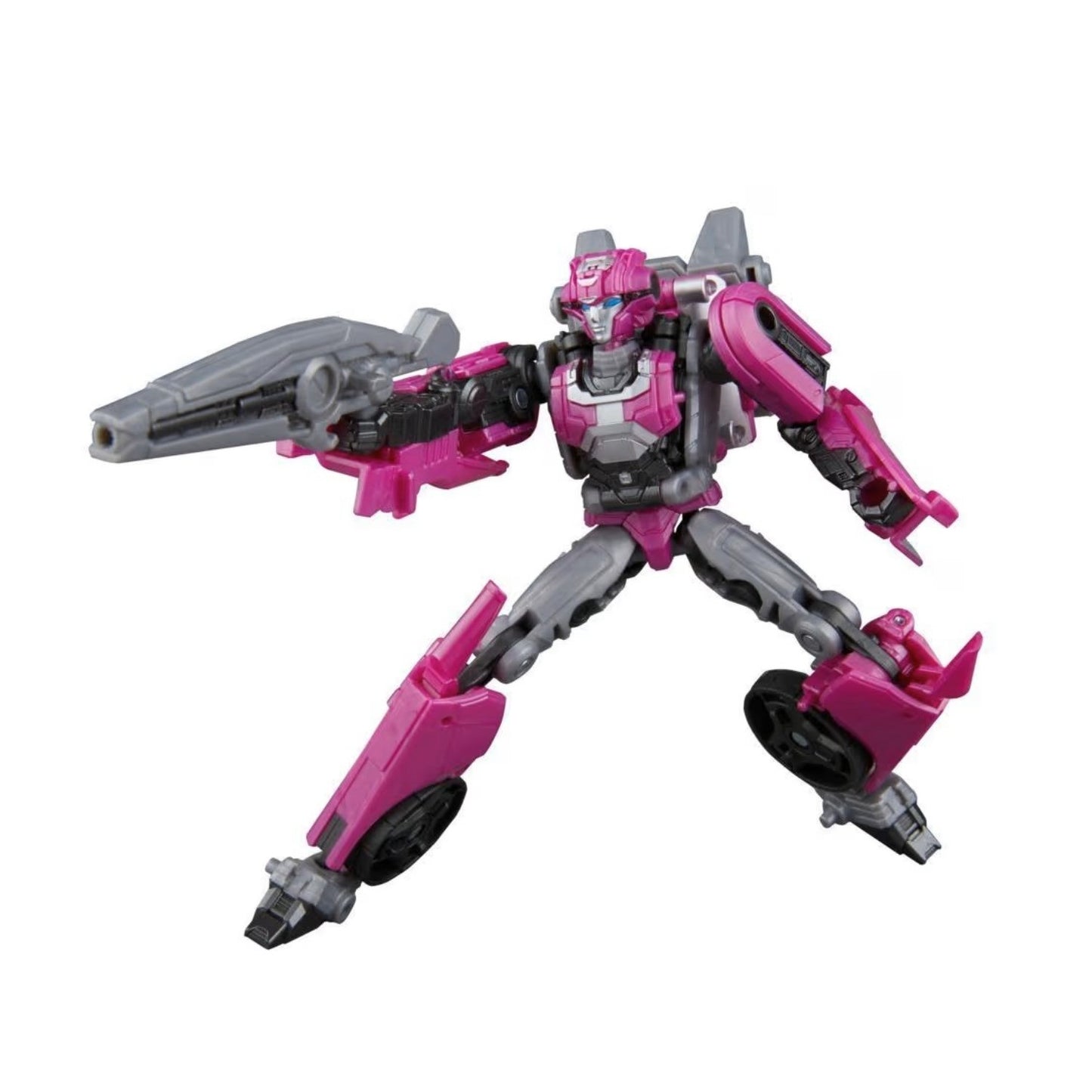 Magenta and grey Transformers Arcee robot mode action figure aiming a blaster gun