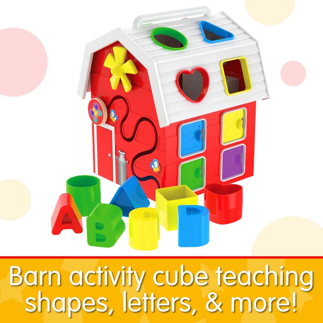 Red toy barn shape sorter and activity cube with colourful blocks showing letters A and B