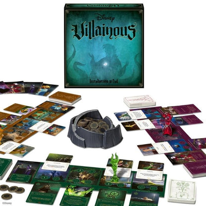 Disney Villainous board game setup, showing the teal box, character movers, villain boards, game cards, and fate tokens spread out