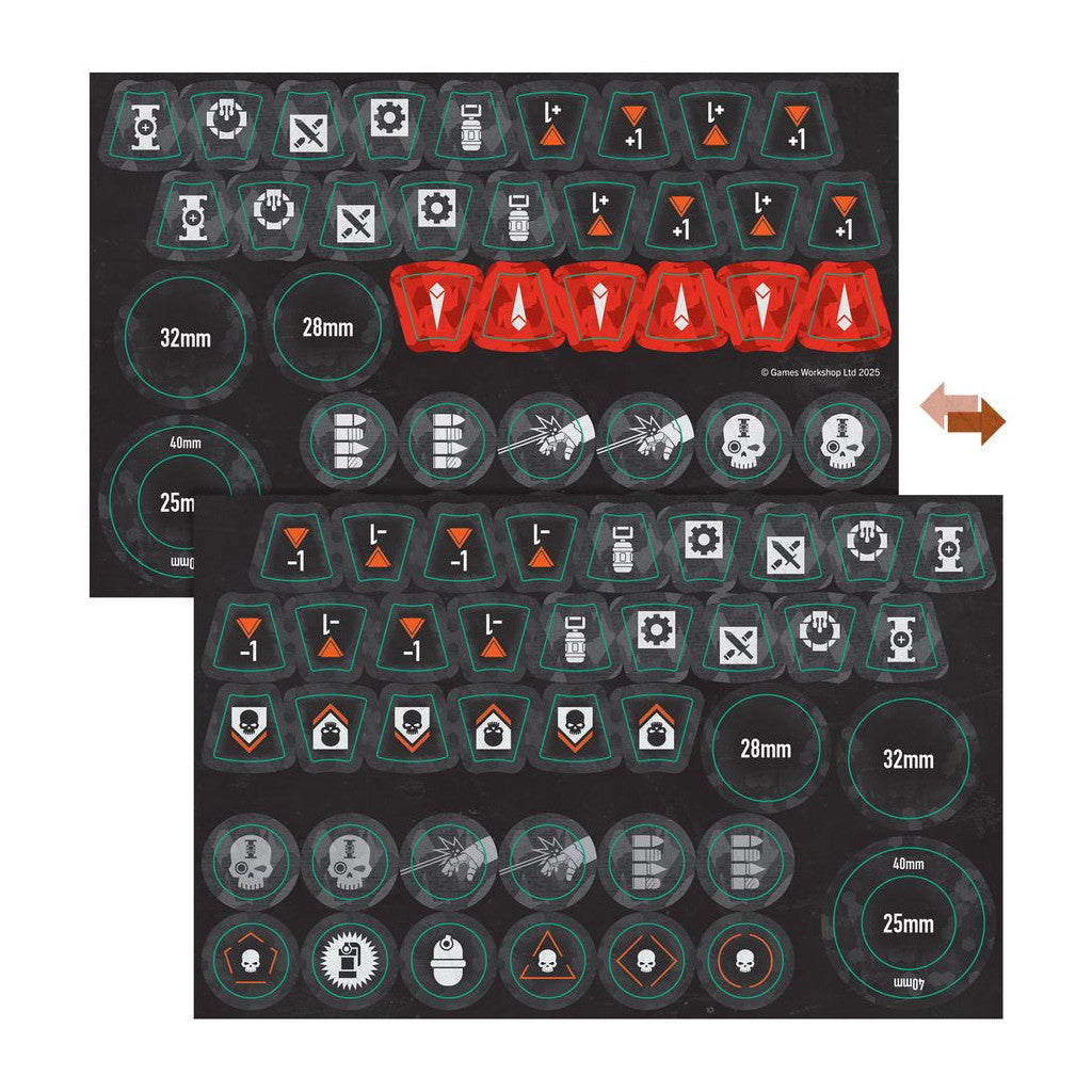 Warhammer 40K game tokens sheet with assorted symbols, including skulls, arrows, numbers (+1, -1), and base size markers (25mm, 32mm, 40mm)