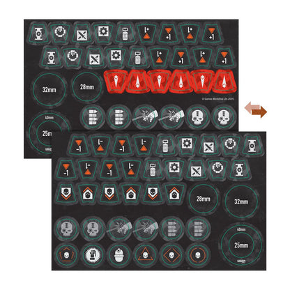 Warhammer 40K game tokens sheet with assorted symbols, including skulls, arrows, numbers (+1, -1), and base size markers (25mm, 32mm, 40mm)