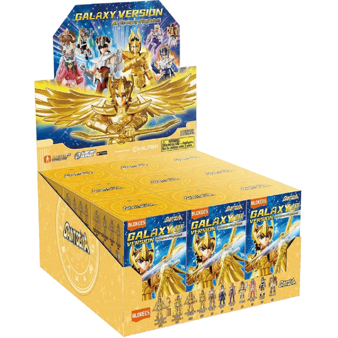 Saint Seiya "Galaxy Version" Blokees collectible toy display box, featuring golden Sagittarius armor artwork