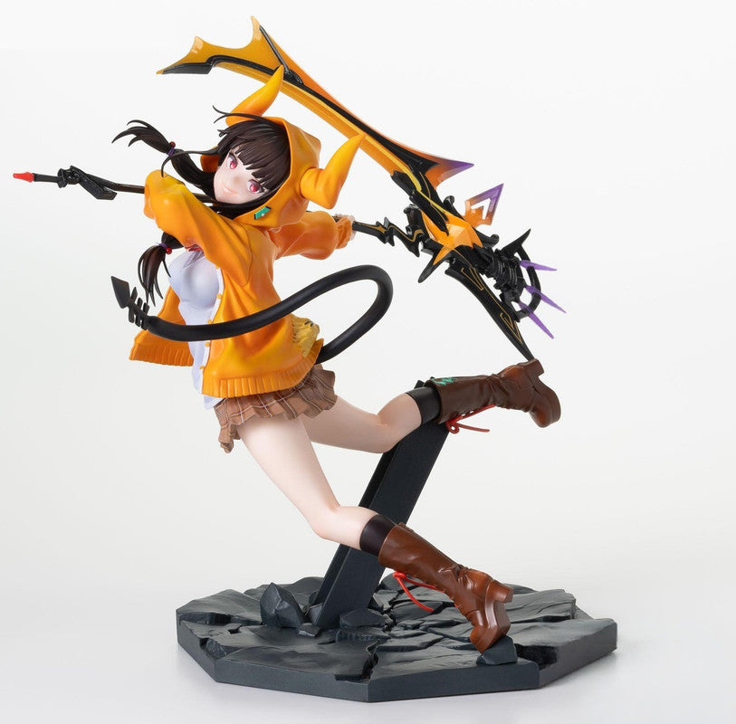 Figure of girl in orange jacket and brown skirt holding a large sword on a dark base