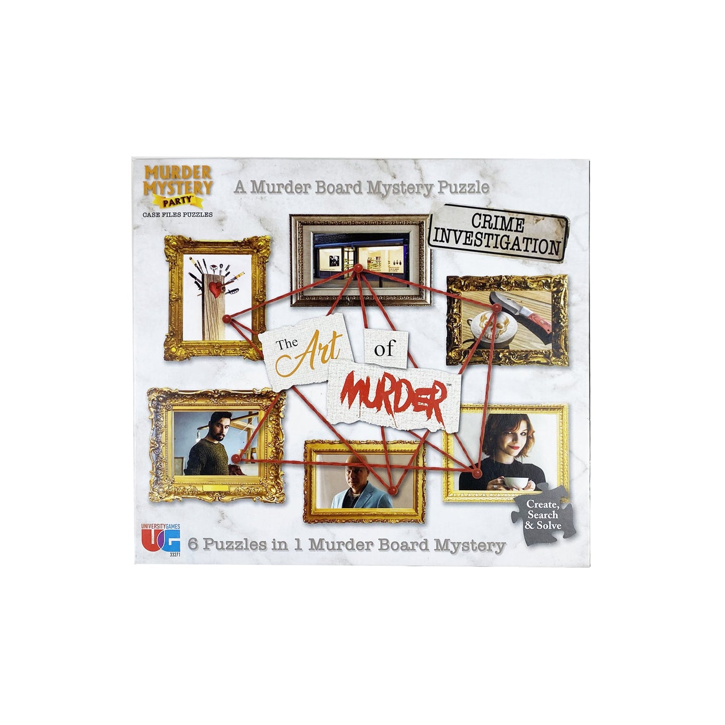 The Art of Murder Mystery Puzzle box, crime board with six framed clues, portraits, and weapons connected by red string