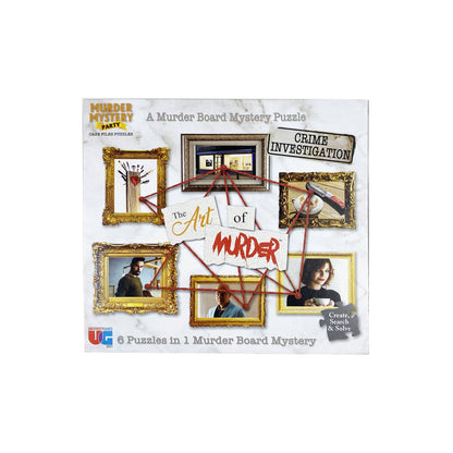 The Art of Murder Mystery Puzzle box, crime board with six framed clues, portraits, and weapons connected by red string