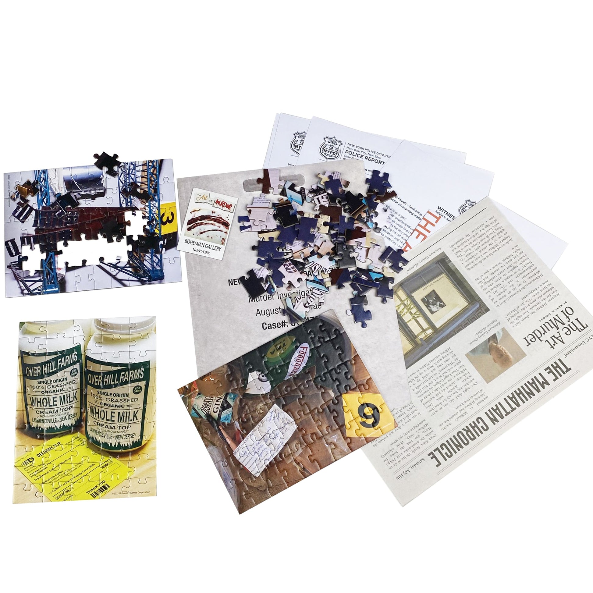 Murder mystery jigsaw puzzle pieces, crime scene photos, newspaper clippings, and mock NYPD police reports