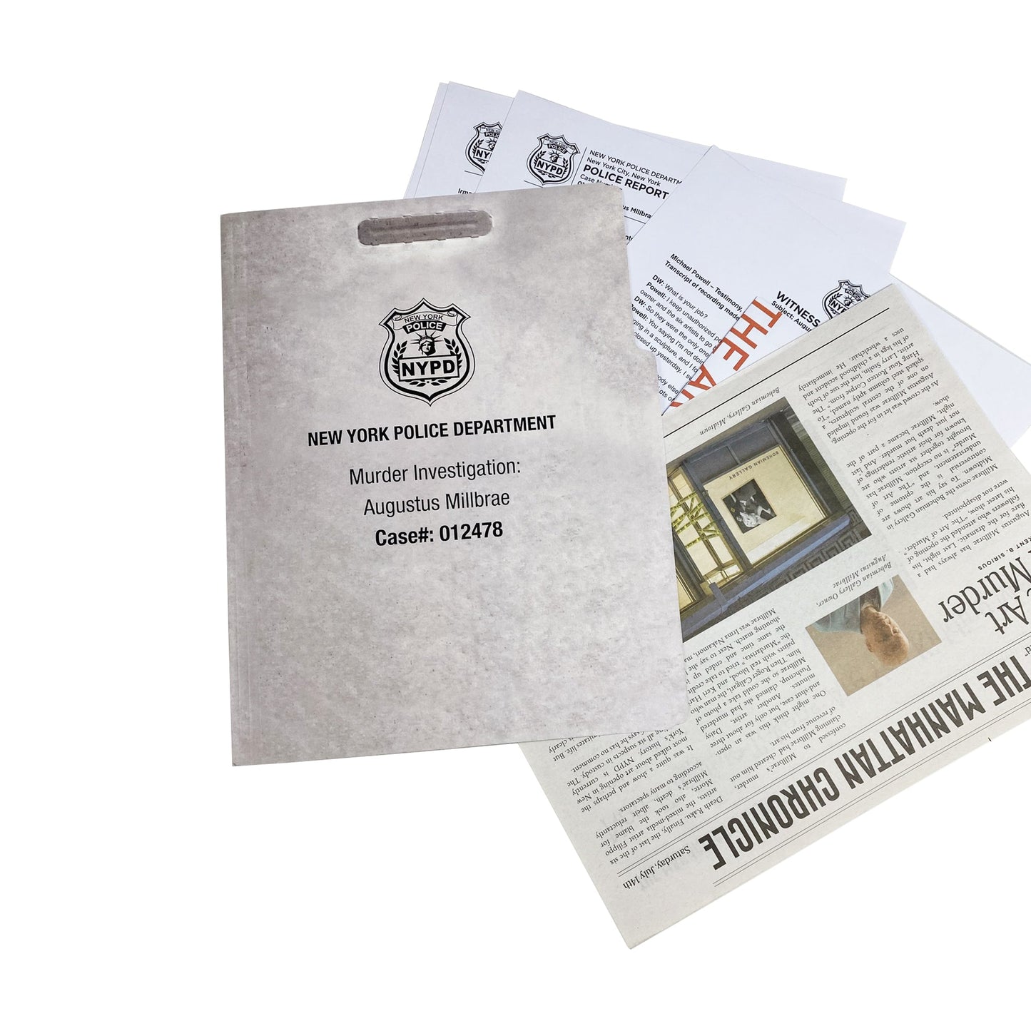NYPD murder investigation folder, police reports, and "Manhattan Chronicle" newspaper crime clippings