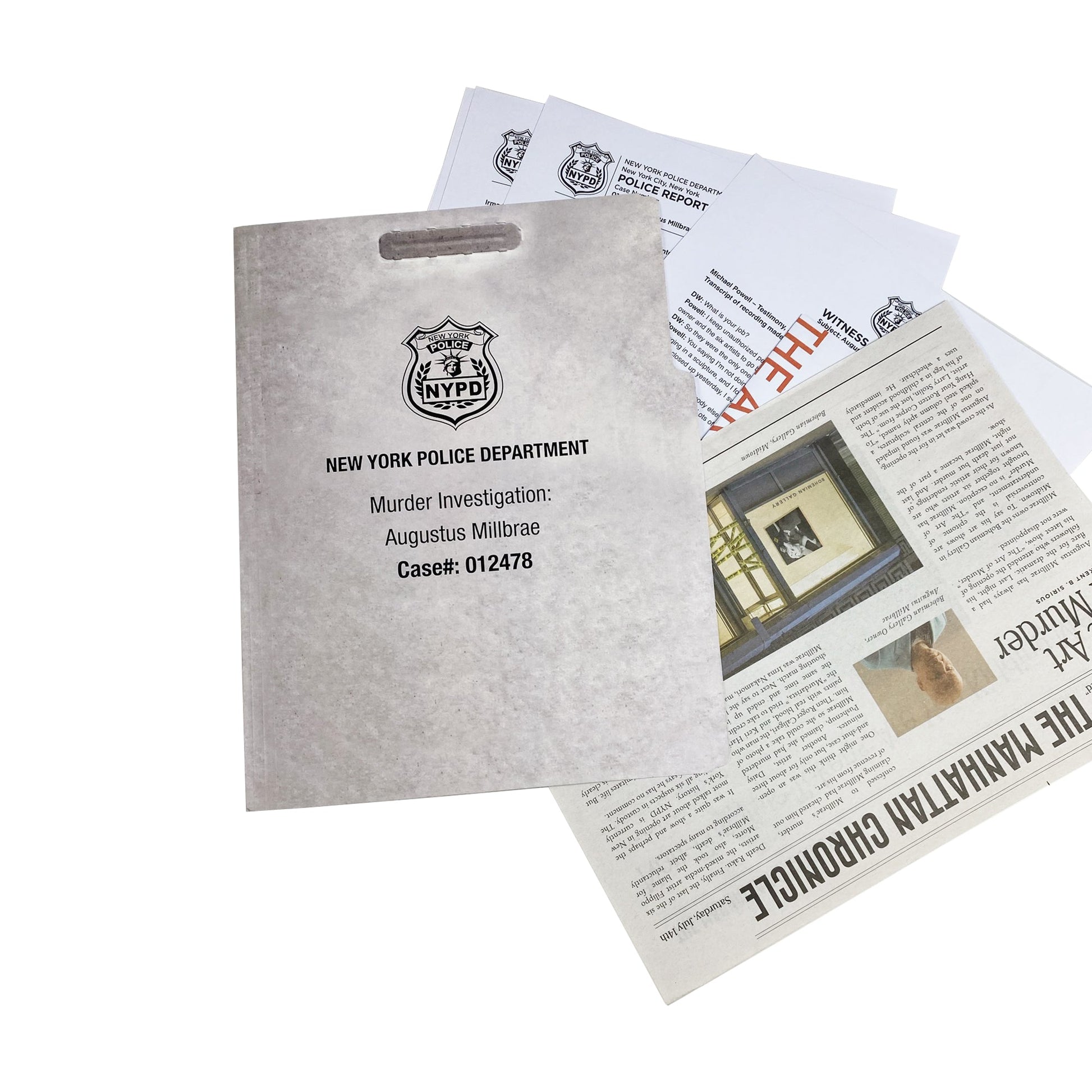 NYPD murder investigation folder, police reports, and "Manhattan Chronicle" newspaper crime clippings