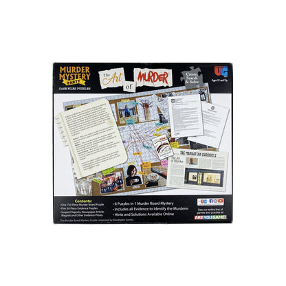 Murder Mystery Party: The Art of Murder puzzle game box, features the 750-piece board showing crime evidence, suspect profiles, police reports, and newspaper clippings