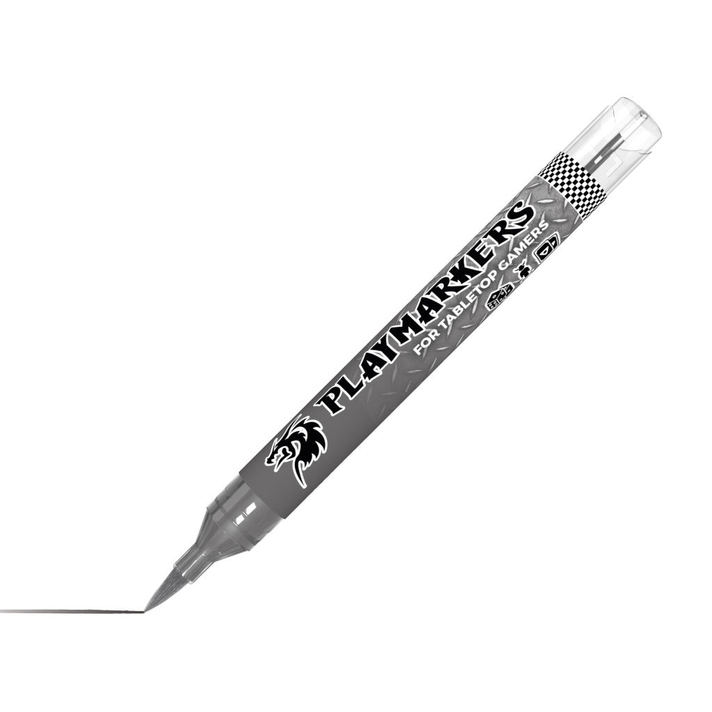 AK Interactive Gun Metal Playmarkers marker for tabletop gamers drawing a thin gun metal line on a white surface