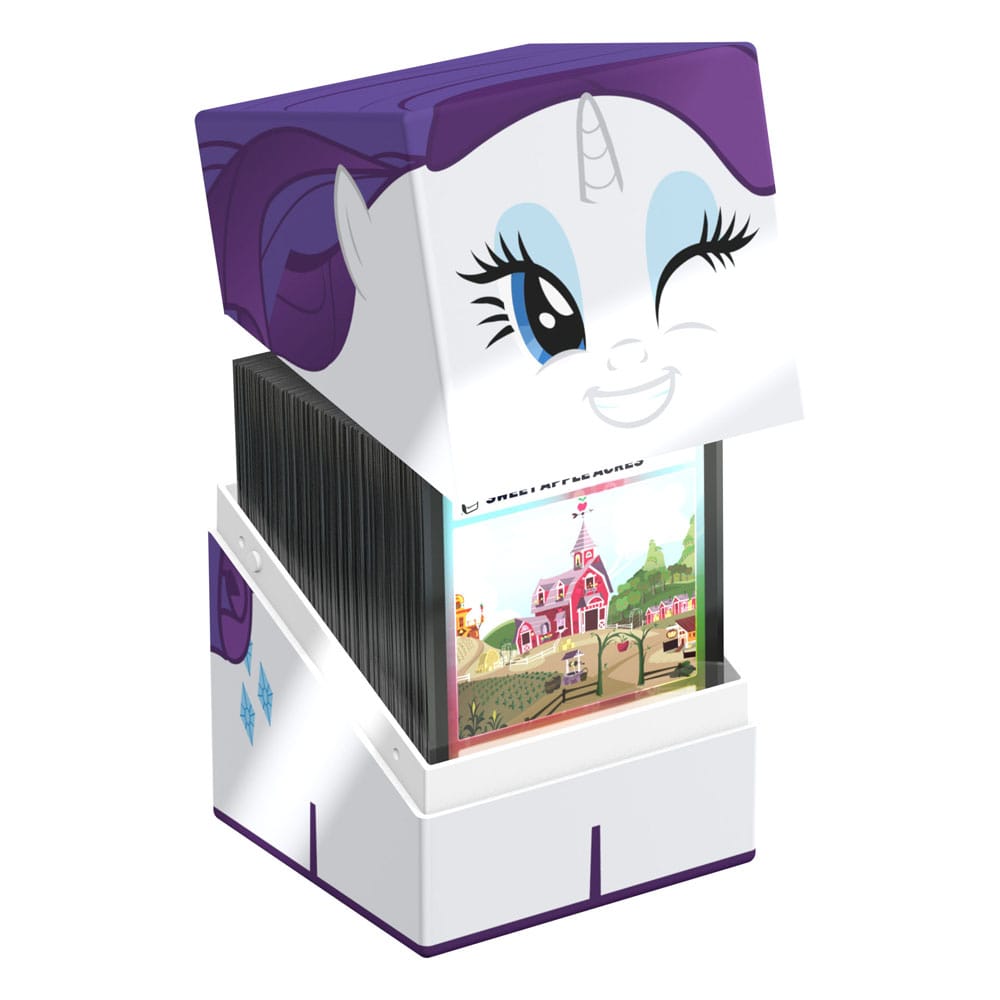 A white Ultimate Guard Squaroe card box designed as a winking My Little Pony Rarity with purple mane, its lid open to show collectible cards inside