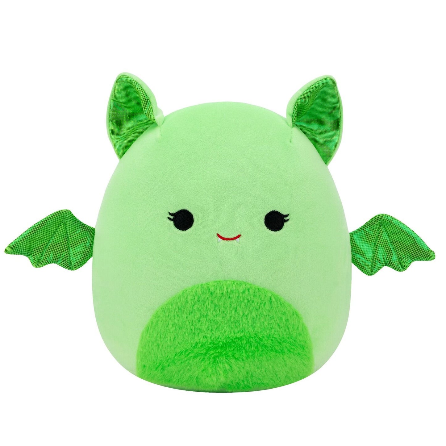 A light green Squishmallow plush with shiny green ears and wings, black eyes, a red smile, and a fuzzy green belly