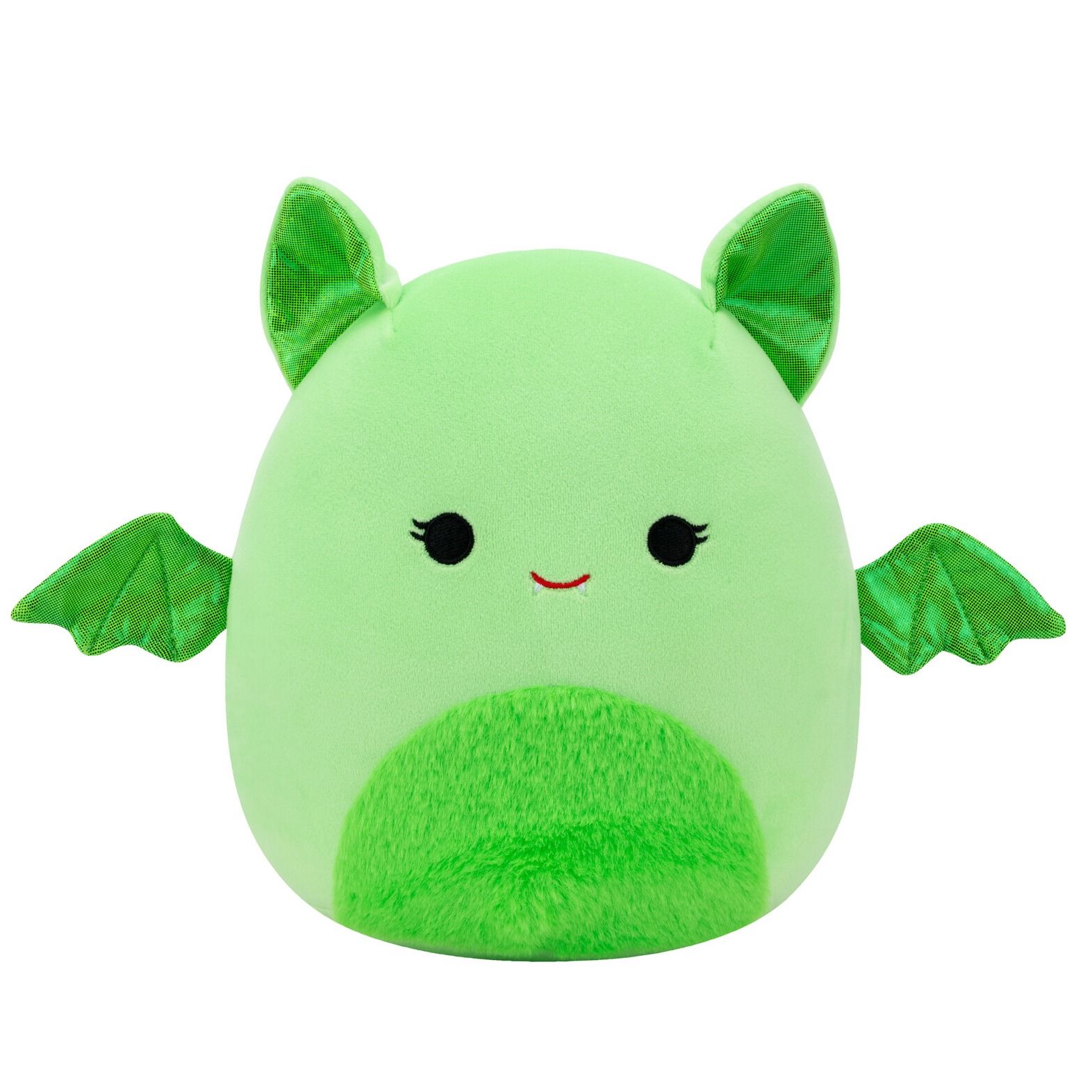 A light green Squishmallow plush with shiny green ears and wings, black eyes, a red smile, and a fuzzy green belly