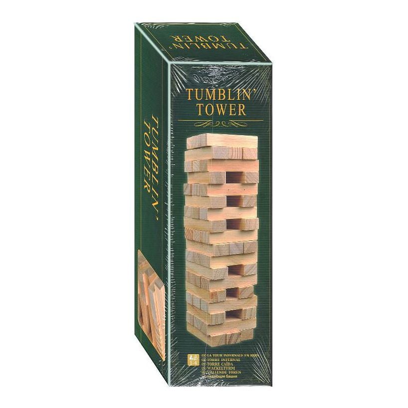 Tumblin' Tower game box with visible stacked wooden blocks