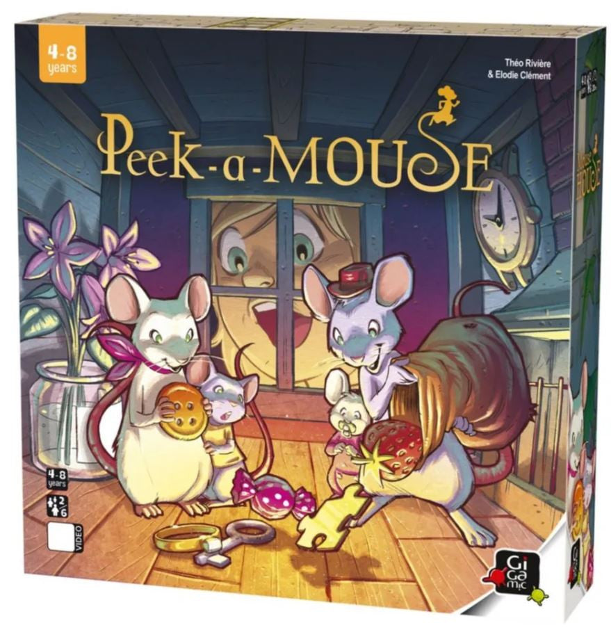 Box cover of the board game "Peek-a-Mouse" showing colorful mice peeking through holes in a cheese-themed setting