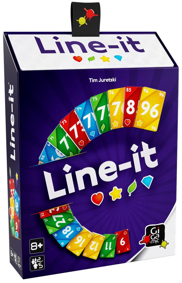 Line-it board game box featuring colorful cards and a black loop with turtle icons