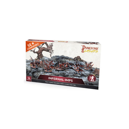 Dungeons & Lasers Infernal Imps miniature set box, featuring 16 red imp models on rocky terrain, 5E compatible