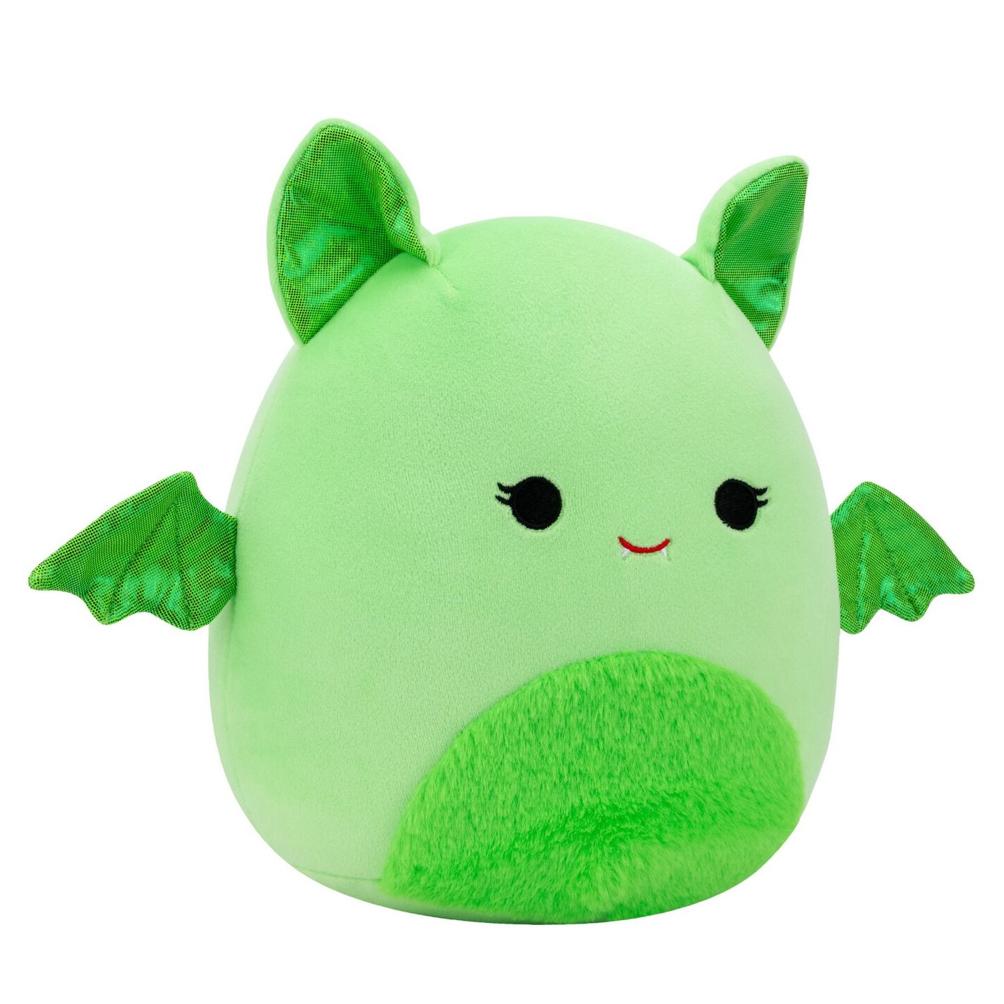 A light green Squishmallow bat plush with shiny green bat ears, wings, and a fuzzy belly patch, featuring embroidered black eyes and a red smile