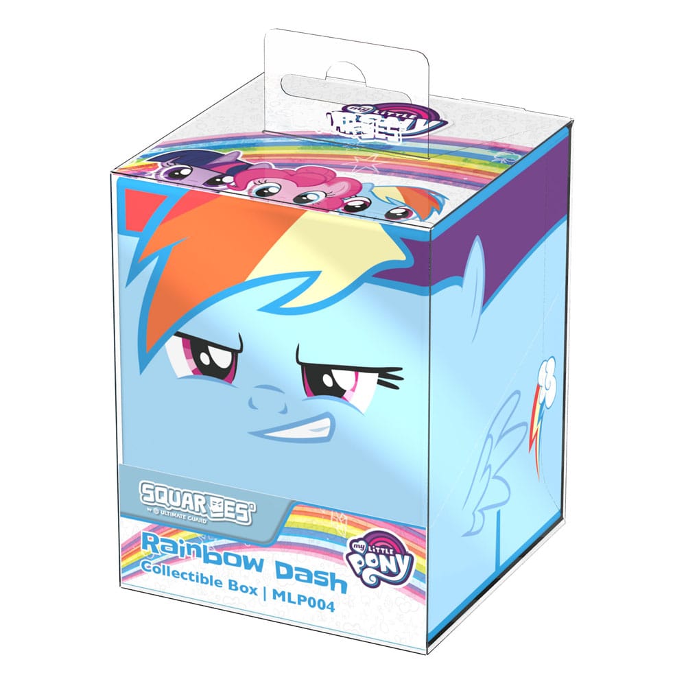 A light blue Rainbow Dash Collectible Box featuring a close-up of Rainbow Dash&#39;s determined face and colorful mane, with other ponies on the top flap