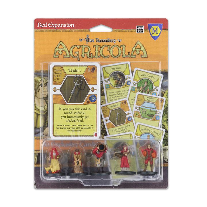 Agricola Red Expansion blister pack with game cards and five farmer miniatures.